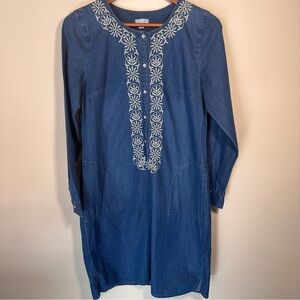 J.Jill Chambray Denim Button Embroidery Front Long Sleeve Dress Size Small